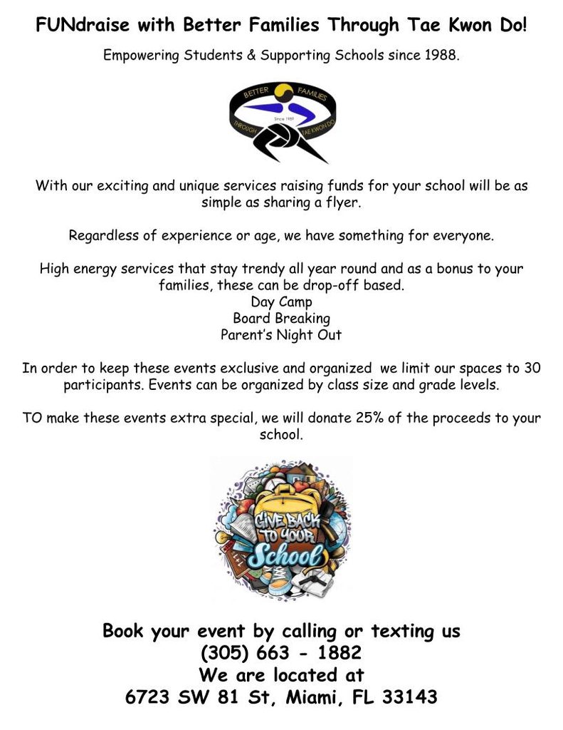 School fundraising day camp and community partnership graphic for Better Families in South Miami